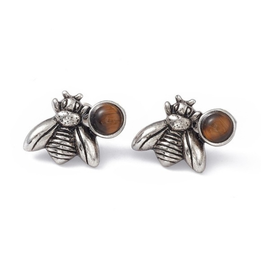 Bee Stud‎ Earrings Tiger Eye Stone Silver Tone Honeycomb Insect Jewelry